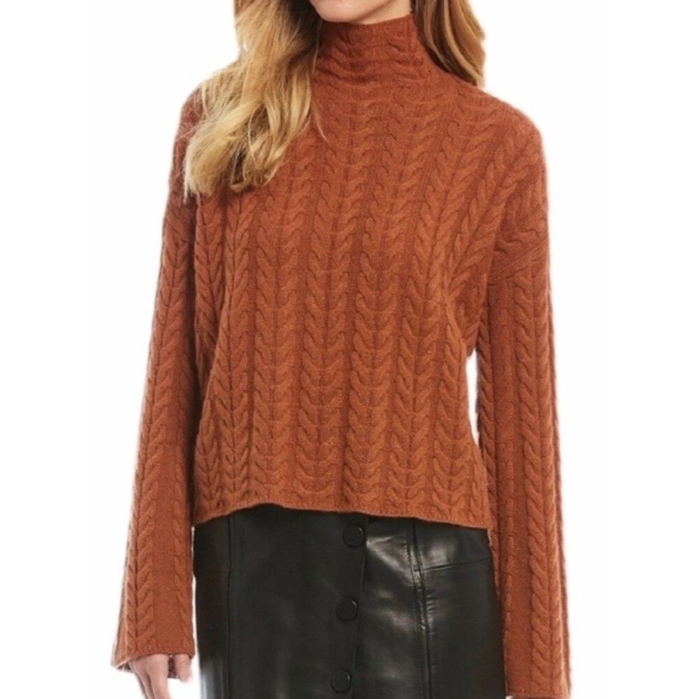 Antonio Melani Cashmere Sweater Large Cable Knit Mock Neck Boho Brown Large